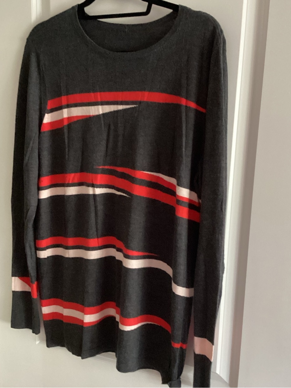 Women’s Black Sweater with Red and Cream Stripe Detail